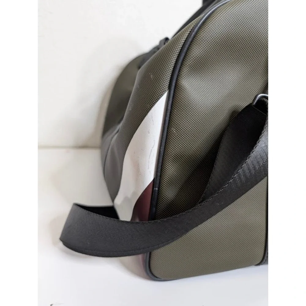 Maverick and C Olive Green Canvas Nylon‎ Strip Duffle Bag Weekend Travel Pockets